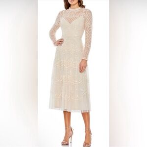 MAC DUGGAL nude sequin three quarter sleeve midi dress